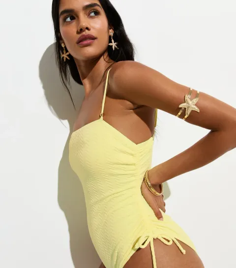 Women's Light Yellow Zig Zag Textured Ruched Side Swimsuit