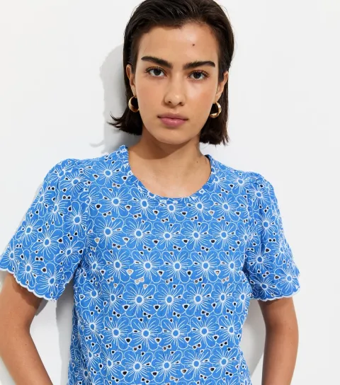 Women's Blue Cutwork Floral Crew Neck Top