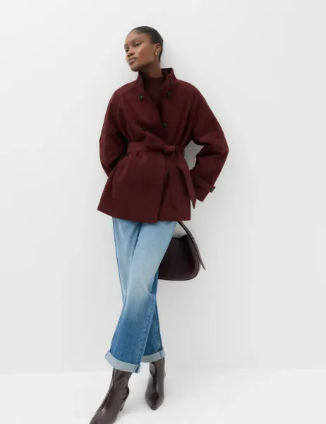 Marks & Spencer Suedette Funnel Neck Short Trench Coat Burgundy