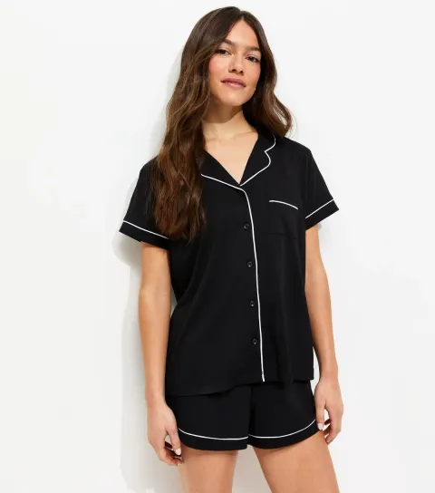 Women's Petite Black Jersey Revere Collar Shirt and Shorts Pyjama Set