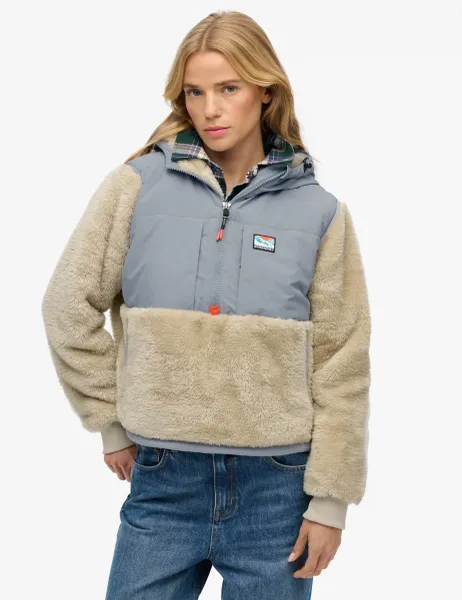 Superdry & Co Half Zip Hooded Hybrid Fleece Beige Mix