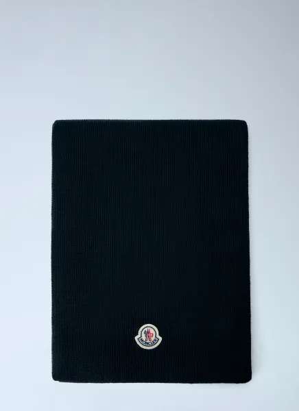 Moncler Ribbed Wool Scarf with Logo Patch