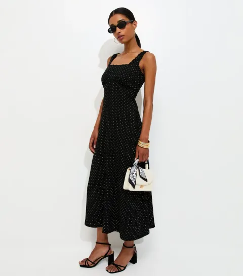 Women's Black Crinkle Texture Polka Dot Print Square Neck Lace Trim Midi Dress