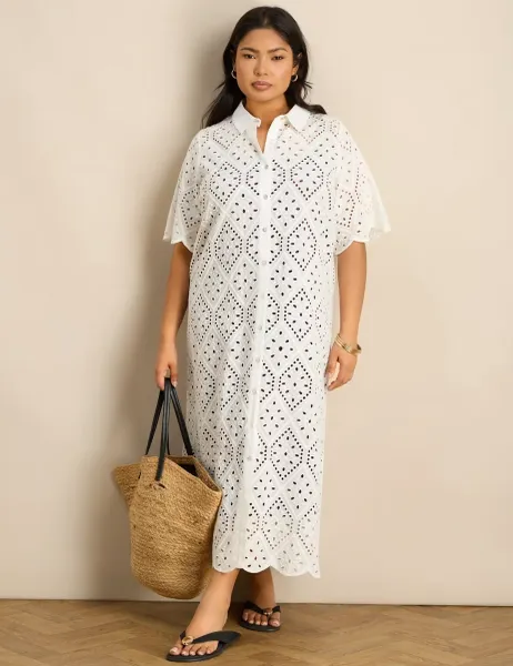 Pure Cotton Broderie Midi Shirt Dress White