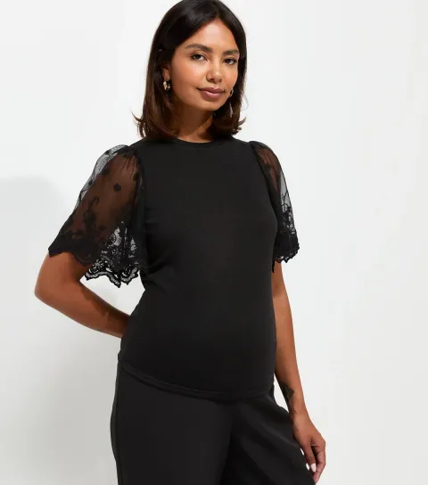 Women's Maternity Black Soft Touch Lace Sleeve Top
