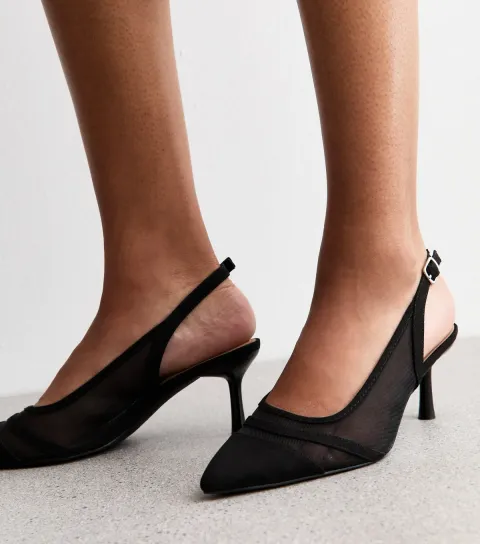 Women's Black Mesh Contrast Trim Slingback Pumps Vegan