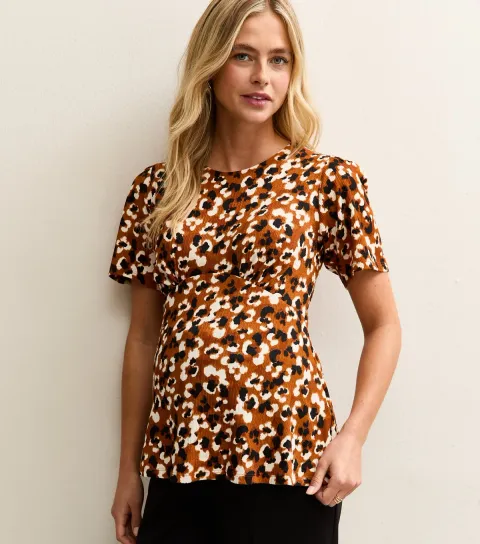 Women's Maternity Brown Floral Textured Half Moon Waist Top