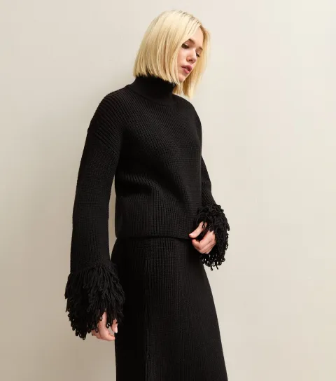 Women's Black Looped Fringe High Neck Jumper