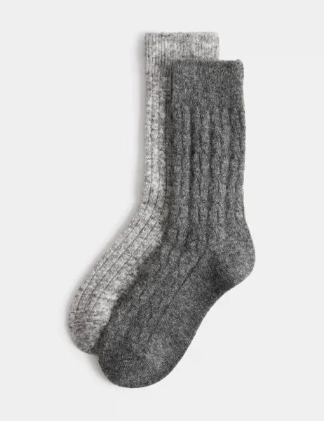 Marks & Spencer 2 Pack Thermal Ribbed Cable Ankle High Socks Grey Mix