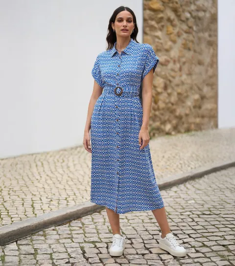 Women's Blue Geometric Print Shirt Dress