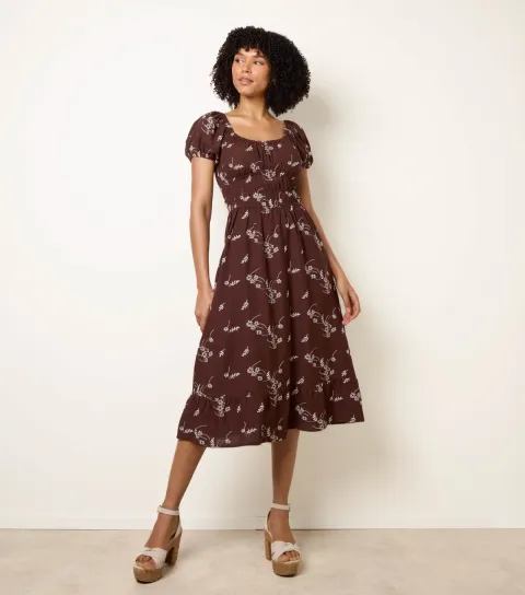 Women's Brown Floral Embroidery Milkmaid Midi Dress