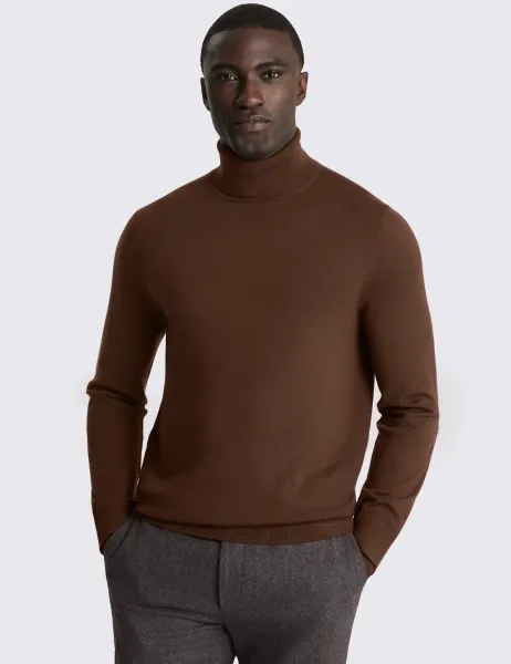 Moss Merino Wool Rich Roll Neck Jumper Brown