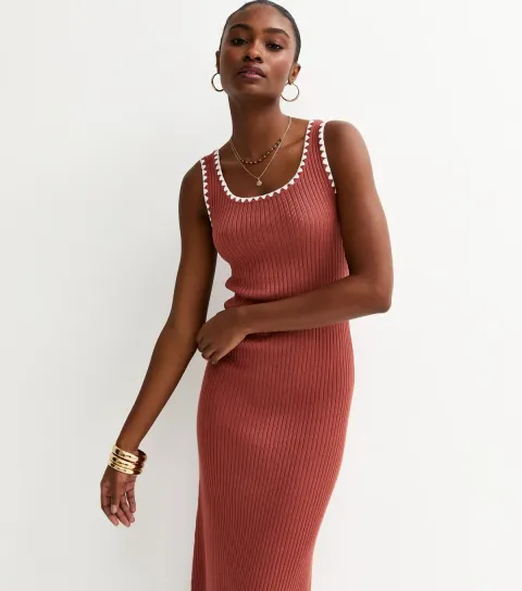 Women's Dark Brown Ribbed Knit Tipped Maxi Dress