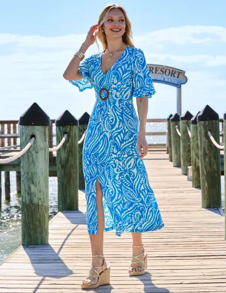 SOSANDAR Paisley V-Neck Ring Front Angel Sleeve Midi Tea Dress Blue Mix