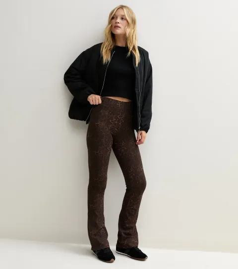New Look Women's Brown Cotton Rich Leopard Print High Waist Kick Flare Leggings
