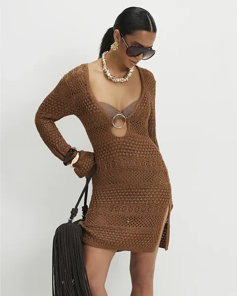 River Island Petite Metallic Knit Mini Beach Dress