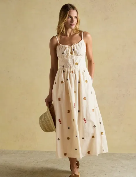 Joules Pure Cotton Embroidered Midi Skater Dress Cream Mix