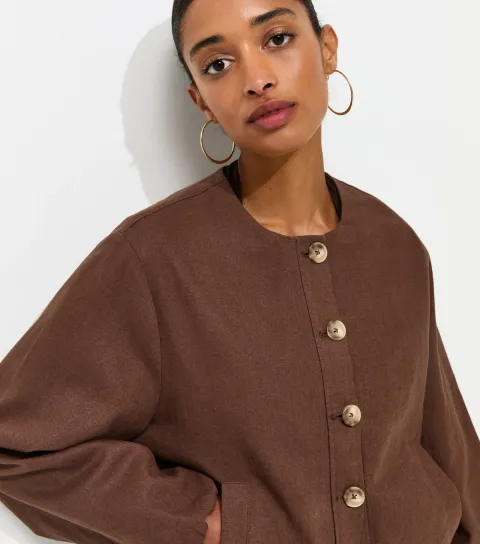 Women's Dark Brown Linen Blend Button Through Bomber Jacket