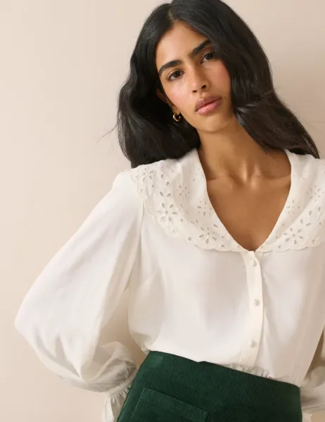 Nobody's Child Broderie Collared Button Through Blouse Cream