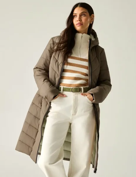 Regatta Adela Quilted Padded Hooded Longline Jacket Brown