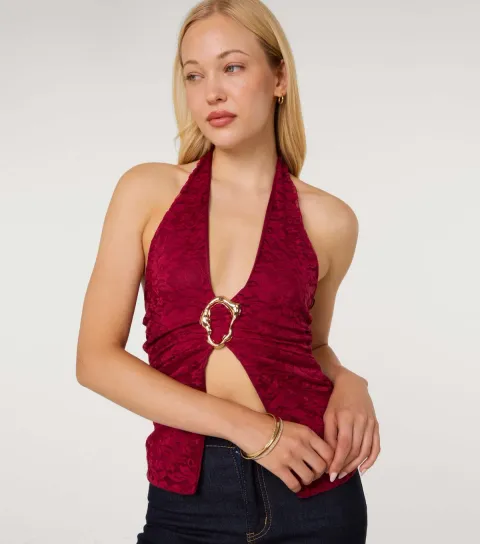 Women's Dark Burgundy Sculpted Buckle Lace Halter Top