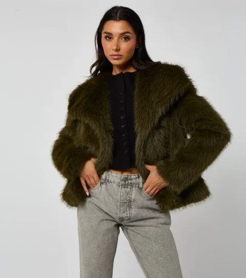 Women's Dark Khaki Faux Fur Jacket