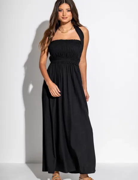 Pour Moi Zoey Multiway Shirred Maxi Beach Dress Black