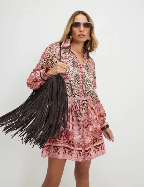 River Island Printed Belted Mini Shirt Dress Brown Mix