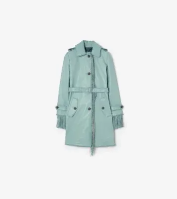 Short Fringed Leather Car Coat in Turquoise