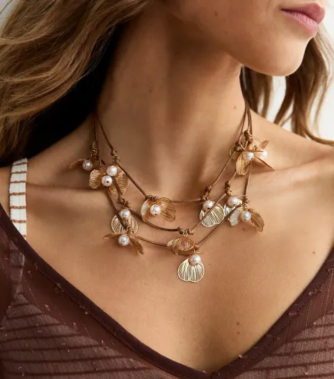 Brown Triple Layer Rope and Petal Necklace