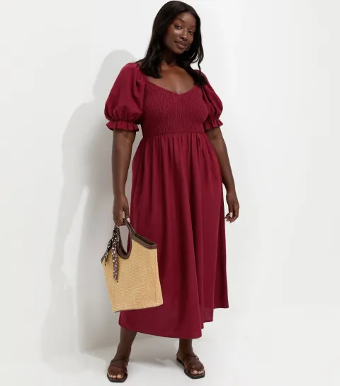Women's Plus Size Dark Burgundy With Cotton Shirred Bodice Puff Sleeve Midi Dress Curves