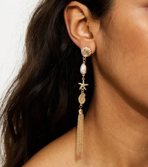 Gold Tone Seashell Tassel Drop Earrings
