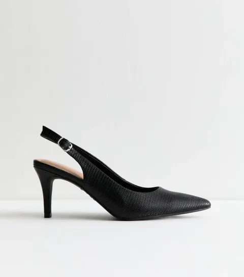 Women's Black Snake Effect Leather Look Slingback Court Shoes Vegan