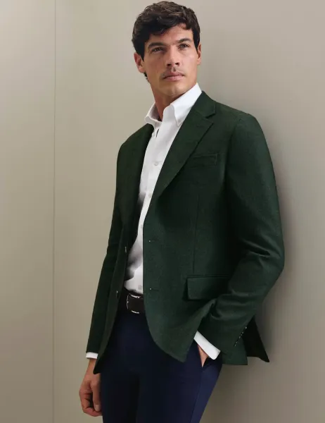 Slim Fit Pure Wool Textured Jacket Dark Green