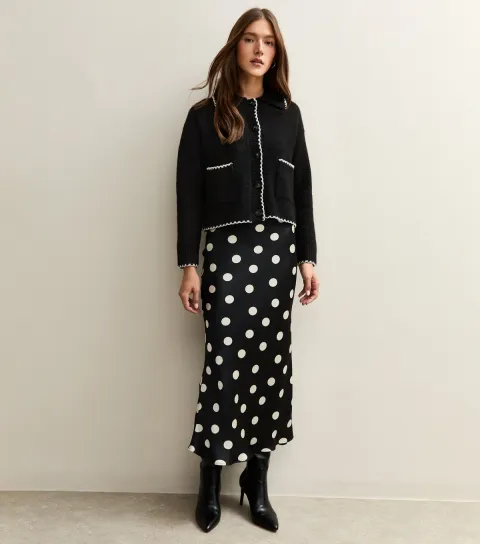 Women's Black Polka Dot Bias Cut Midi Skirt