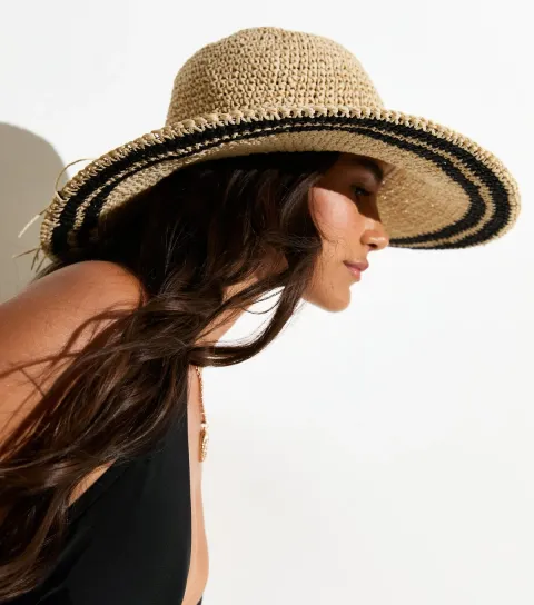 Stone Crochet Striped Wide Brim Straw Hat