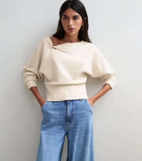 Women's Oatmeal Brooch Detail Slashed Neck Top