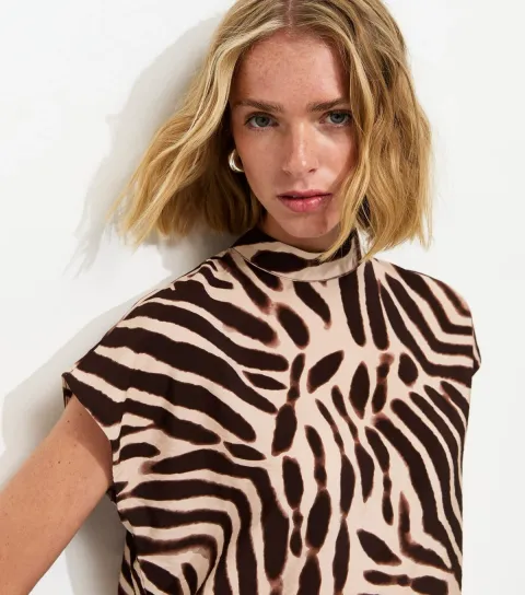 Women's Brown Animal Print High Neck Top