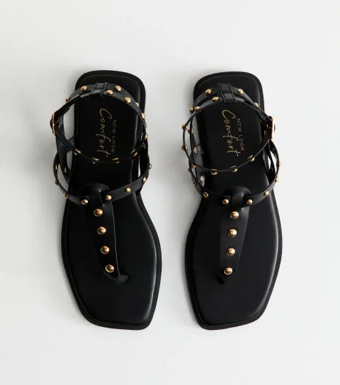 New Look Women's Black Faux Leather Studded Strap Flat Sandals