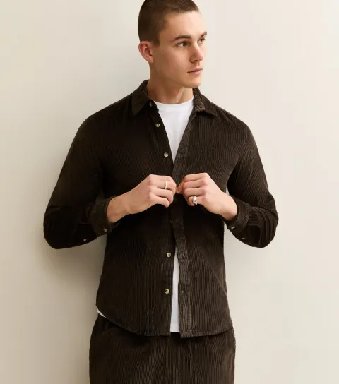 New Look Men's Dark Brown Regular Long Sleeve Corduroy Shirt