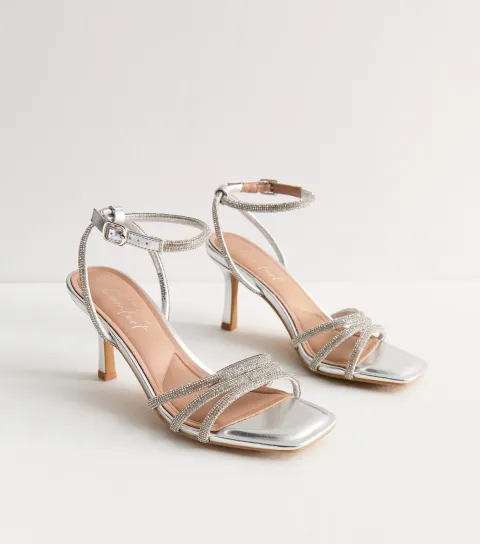 Women's Silver Diamanté-Embellished Stiletto Sandals Vegan