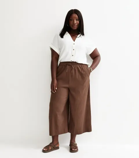 New Look Women's Plus Size Dark Brown Linen Blend Cropped Drawstring Trousers Curves