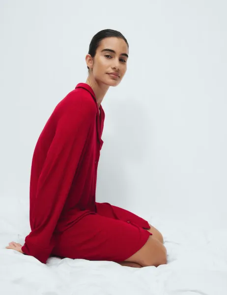 Marks & Spencer Ribbed Collared Long Sleeve Nightshirt Red