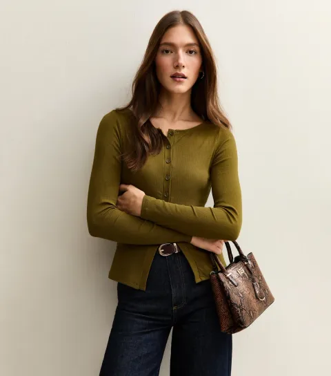New Look Women's Mid Green Ribbed Button Through Long Sleeve Top