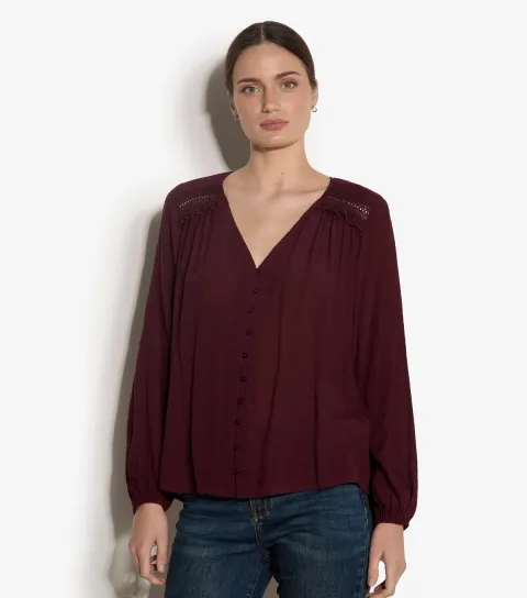Apricot Women's Dark Burgundy Crochet Ruffle Blouse