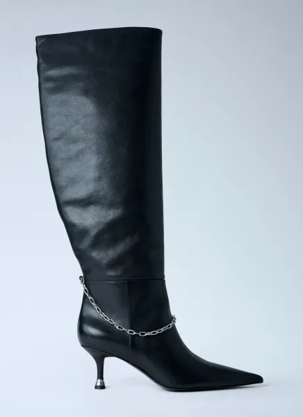 Chain Detail Knee-High Leather Boots