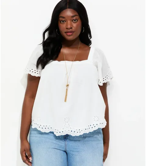 Women's Plus Size White Cotton Broderie Anglaise Short Sleeve Blouse Curves