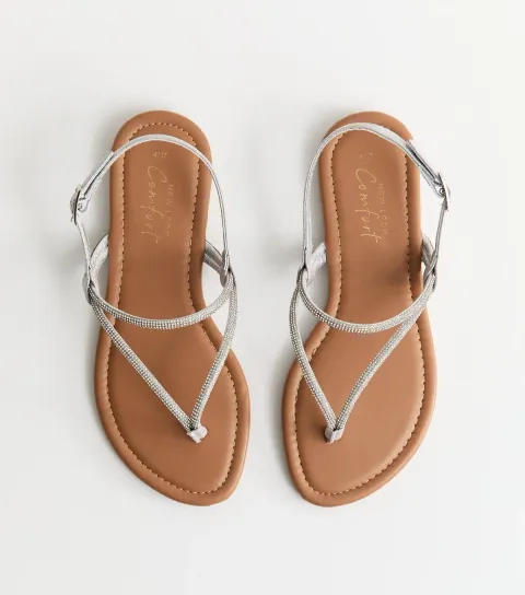 Women's Silver Embellished Toe Post Sandals