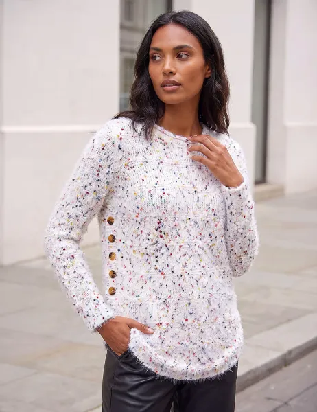Roman Textured Button Detail Curved Hem Jumper Ivory Mix