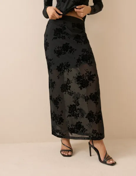 Nobody's Child Floral Devoré Maxi Pencil Skirt Black
